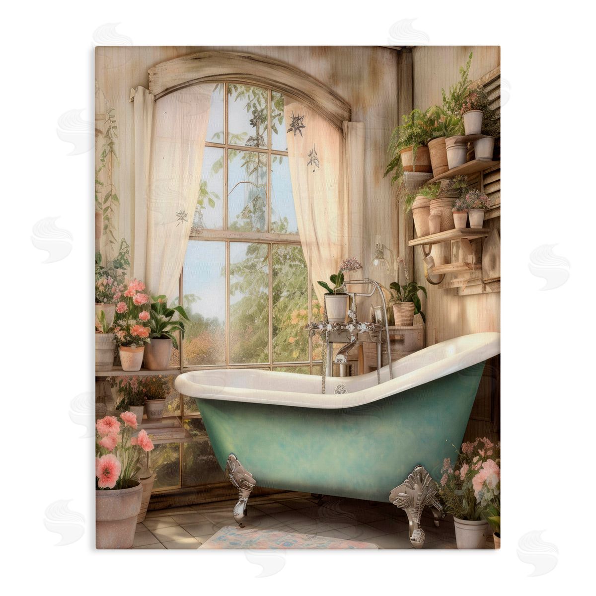 Lettered and Lined Bathroom with Floral Filled Shelves Stretched Canvas Wall Art Print