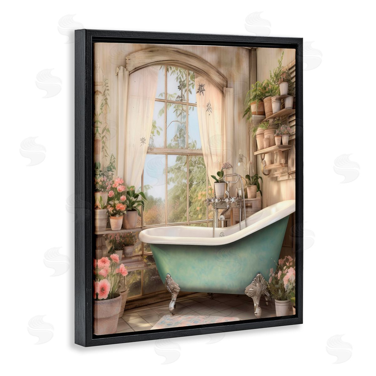 Lettered and Lined Bathroom with Floral Filled Shelves Black Floating Frame Canvas Wall Art Print