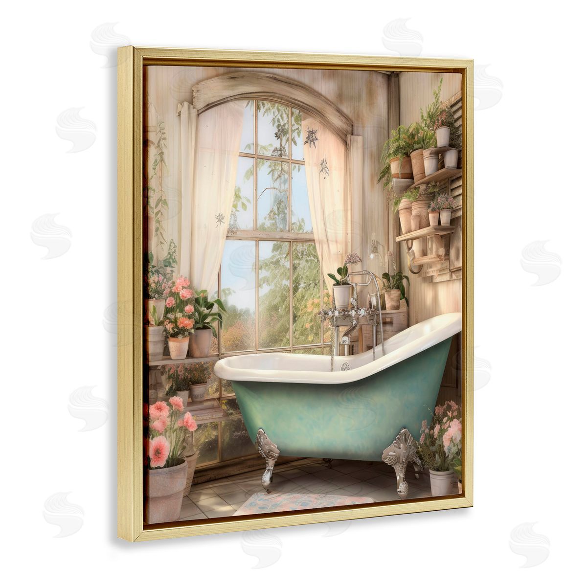 Lettered and Lined Bathroom with Floral Filled Shelves Gold Floating Frame Canvas Wall Art Print