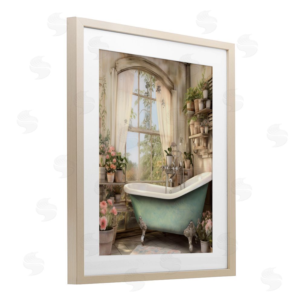Lettered and Lined Bathroom with Floral Filled Shelves Brown Framed Print Under Glass Wall Art