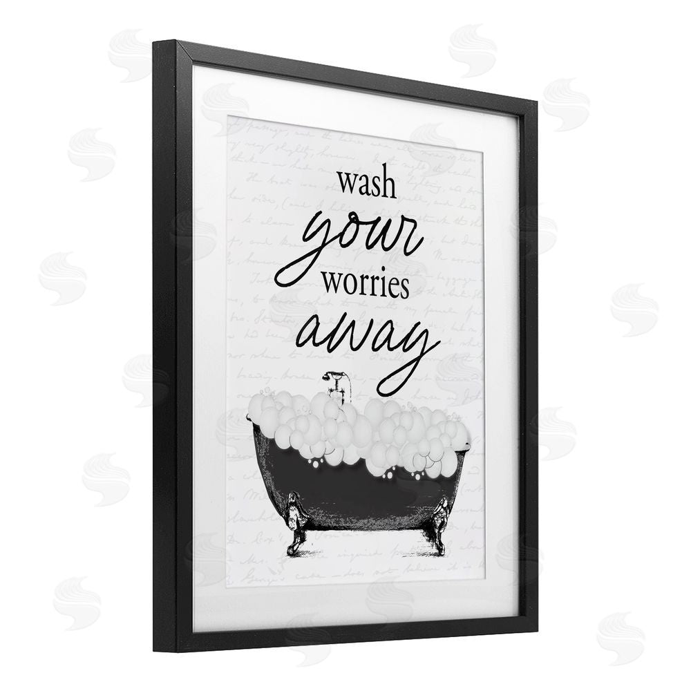 Lettered and Lined Bubble Bath Wash Worries Black Framed Print Under Glass Wall Art
