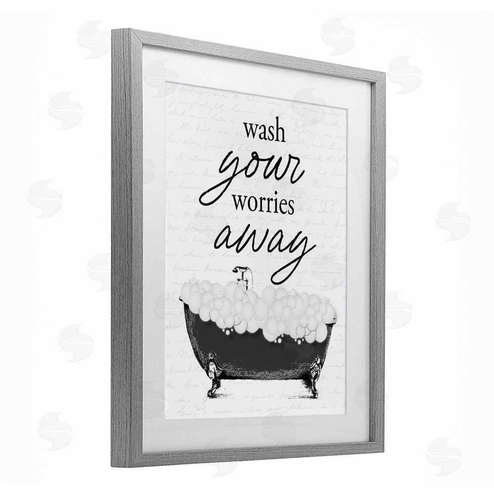Lettered and Lined Bubble Bath Wash Worries Gray Framed Print Under Glass Wall Art