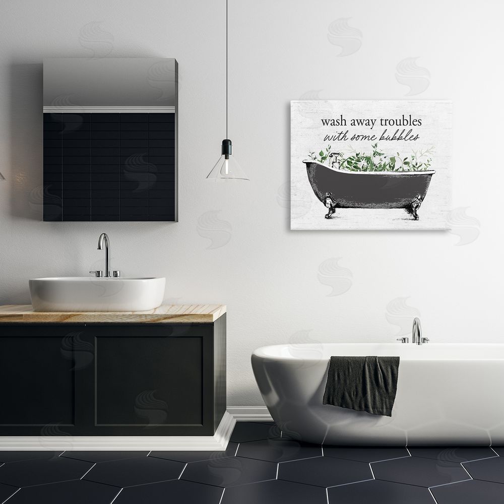 Lettered and Lined Comforting Bubble Bath Quote Stretched Canvas Wall Art Print in Room