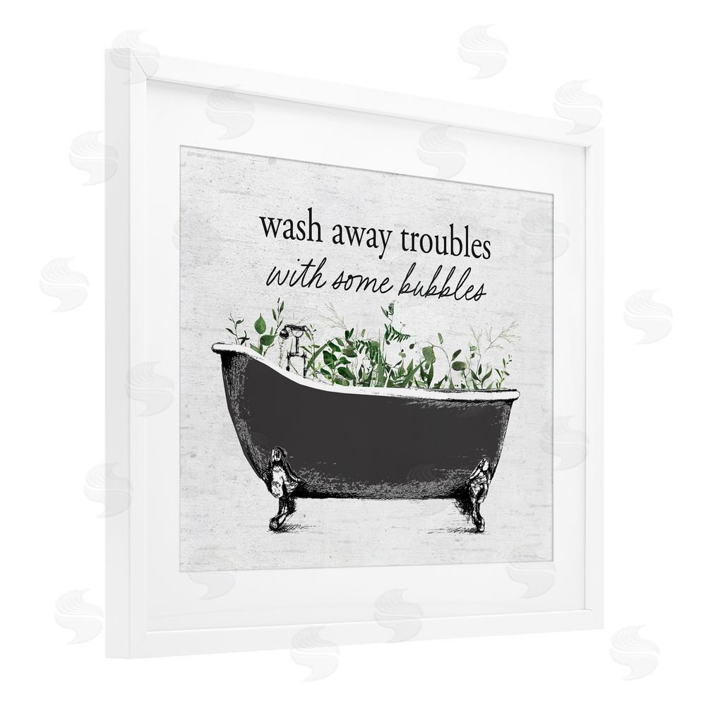Lettered and Lined Comforting Bubble Bath Quote White Framed Print Under Glass Wall Art