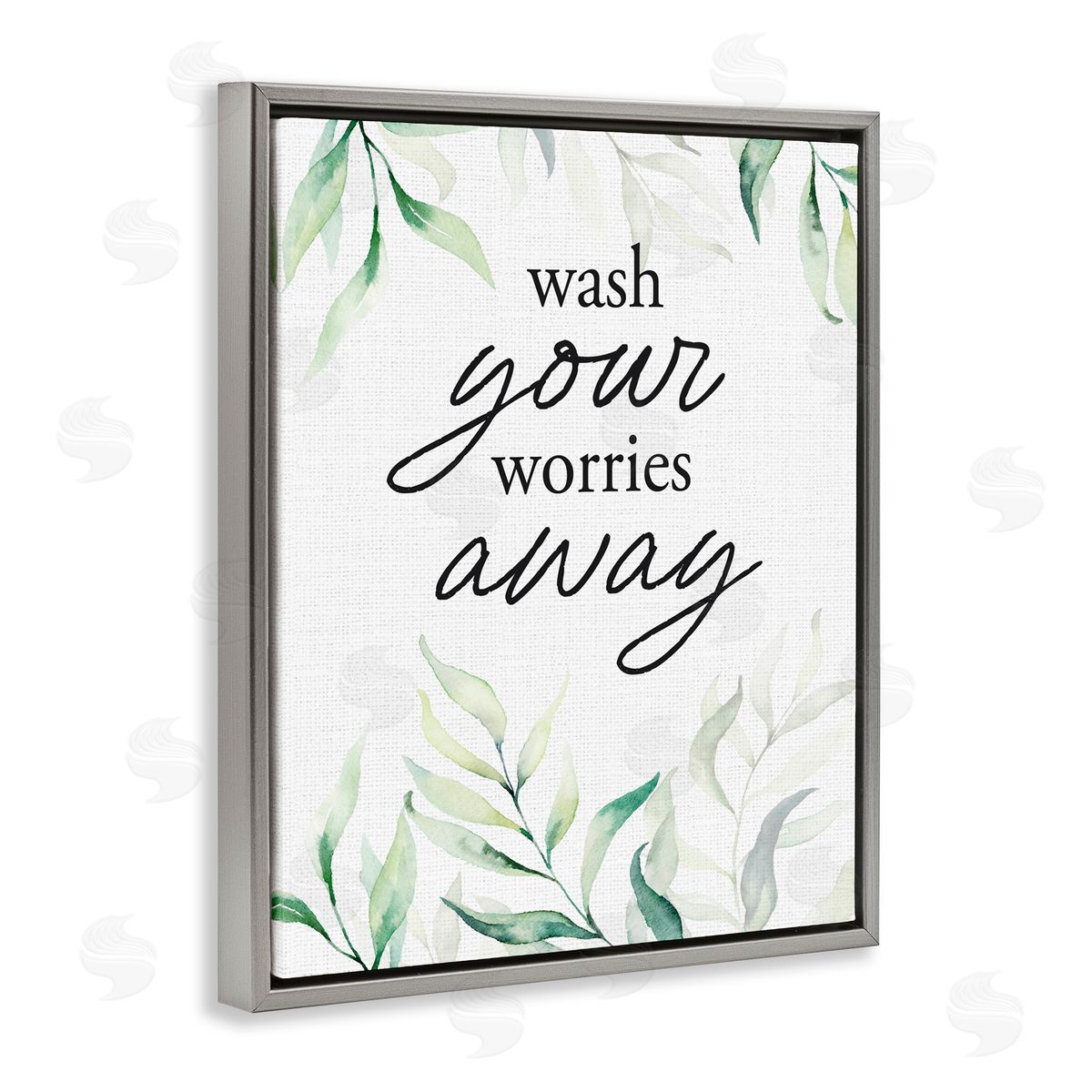 Lettered and Lined Wash Worries Away Leaves Gray Floating Frame Canvas Wall Art Print