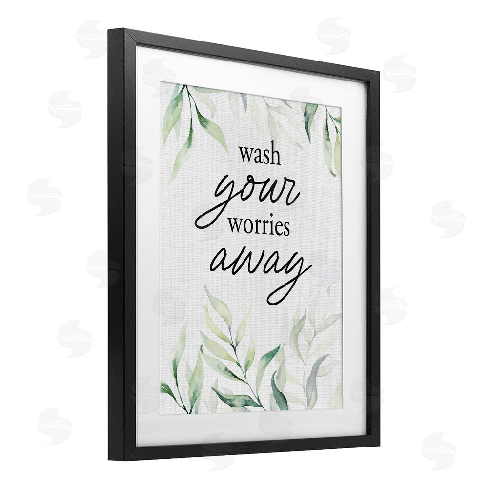 Lettered and Lined Wash Worries Away Leaves Black Framed Print Under Glass Wall Art