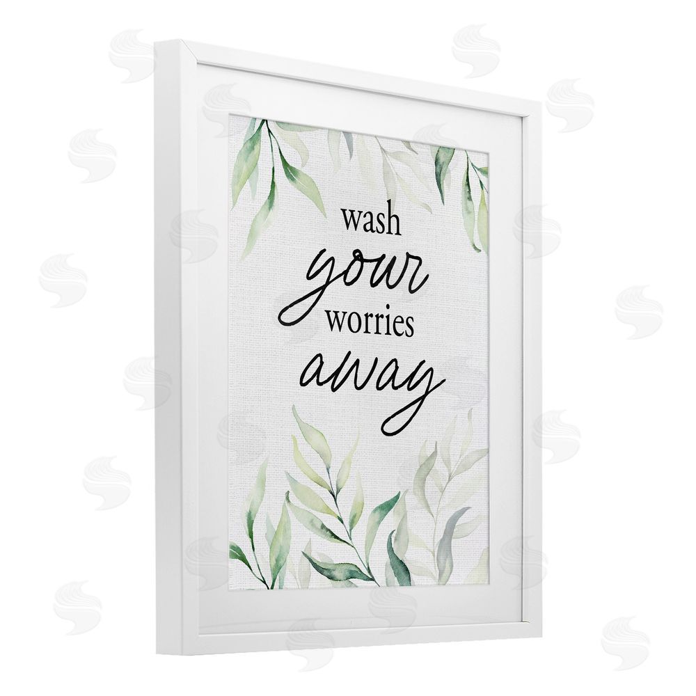 Lettered and Lined Wash Worries Away Leaves White Framed Print Under Glass Wall Art