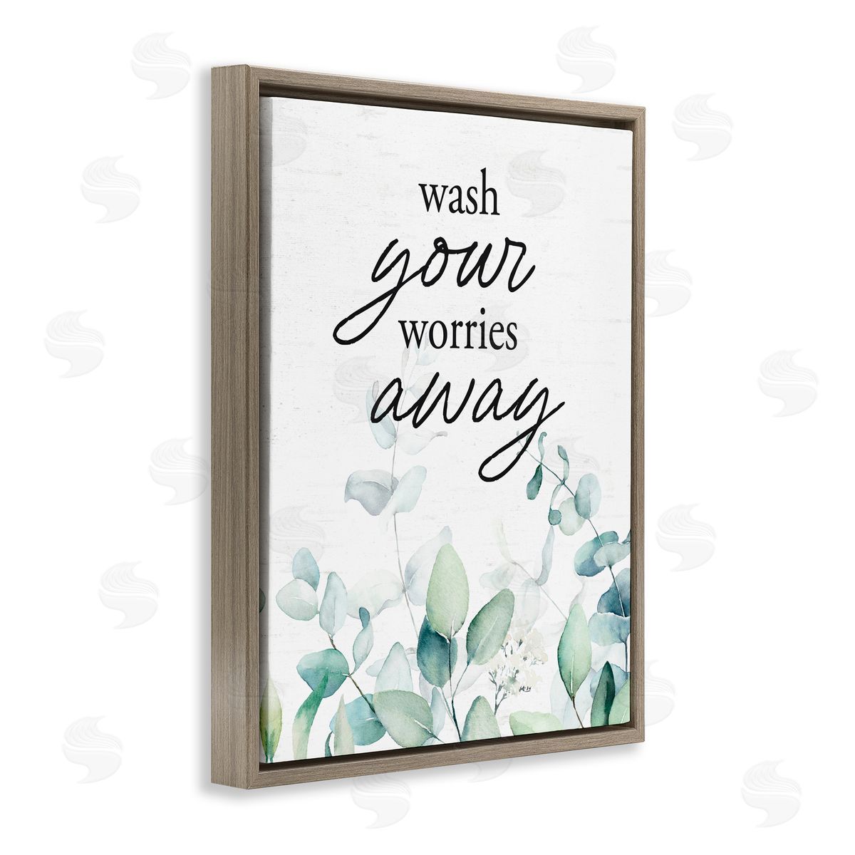 Lettered and Lined Wash Worries Away Herb Leaves Brown Floating Frame Canvas Wall Art Print