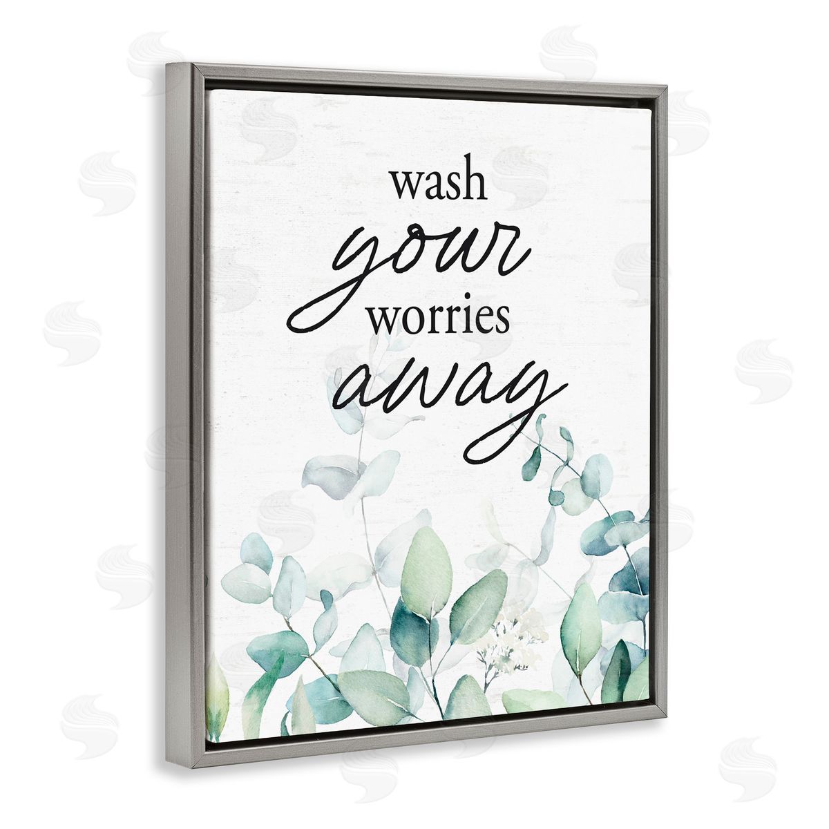 Lettered and Lined Wash Worries Away Herb Leaves Gray Floating Frame Canvas Wall Art Print
