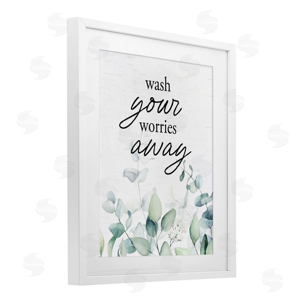 Lettered and Lined Wash Worries Away Herb Leaves White Framed Print Under Glass Wall Art