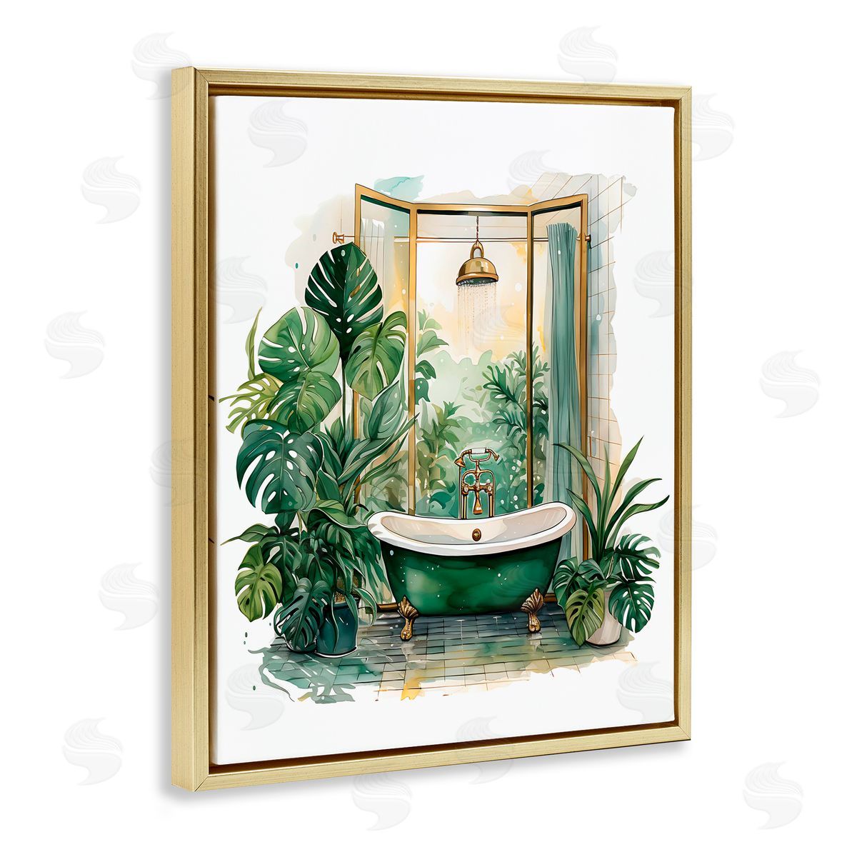 Lettered and Lined Bathtub in Tropical Oasis Gold Floating Frame Canvas Wall Art Print