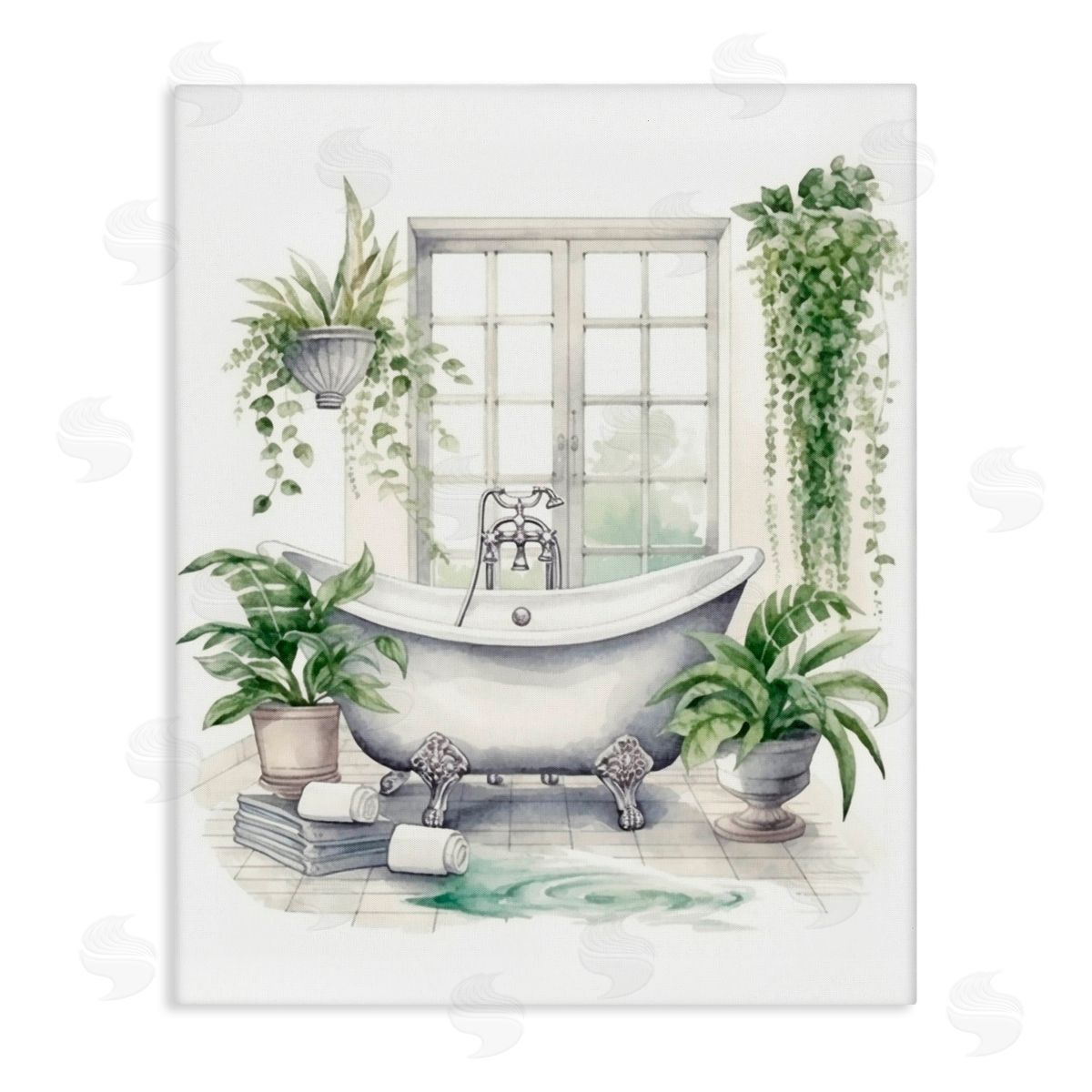 Lettered and Lined Lush Greenery Bathtub & Window Stretched Canvas Wall Art Print