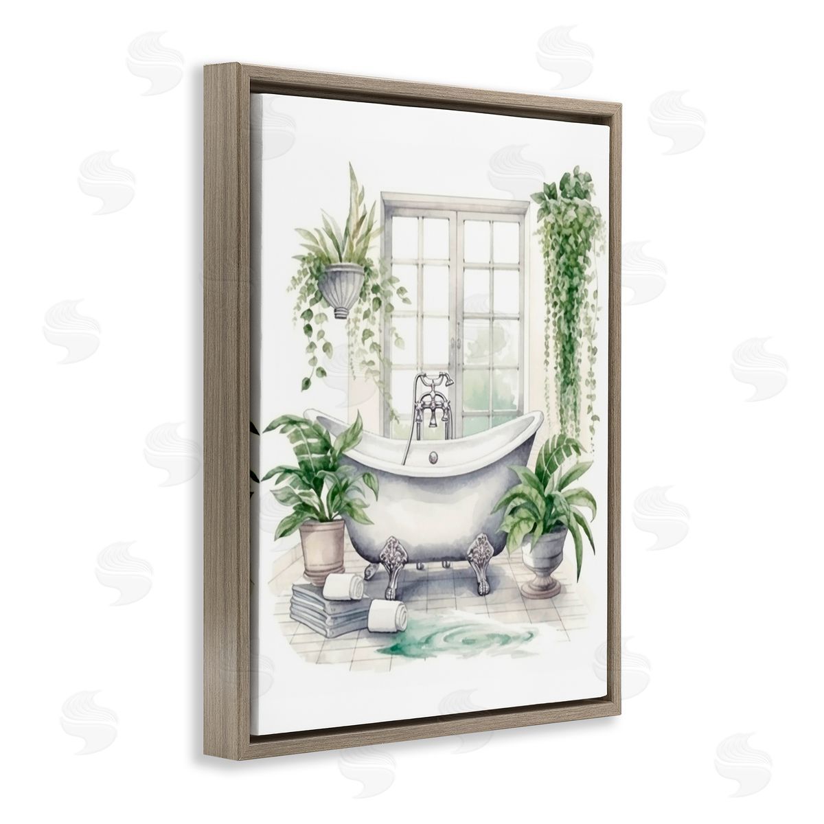 Lettered and Lined Lush Greenery Bathtub & Window Brown Floating Frame Canvas Wall Art Print