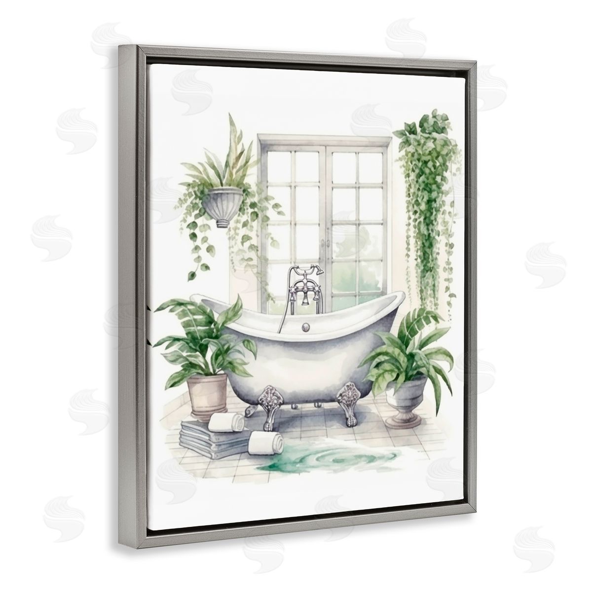 Lettered and Lined Lush Greenery Bathtub & Window Gray Floating Frame Canvas Wall Art Print