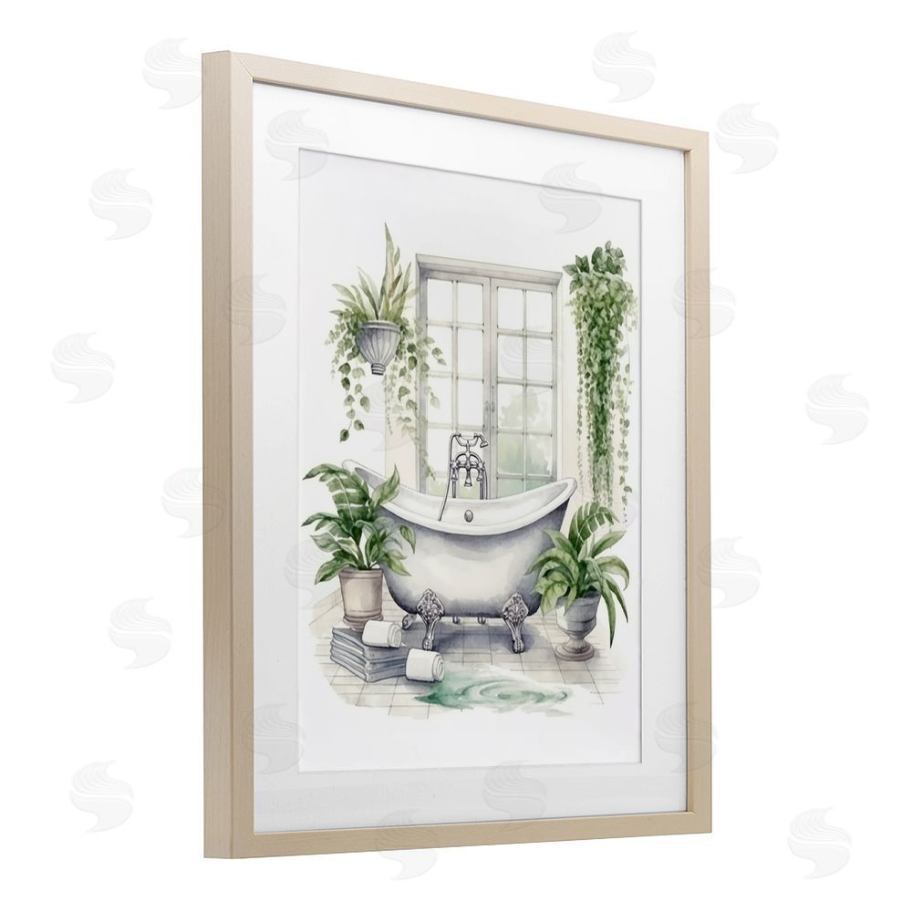 Lettered and Lined Lush Greenery Bathtub & Window Brown Framed Print Under Glass Wall Art