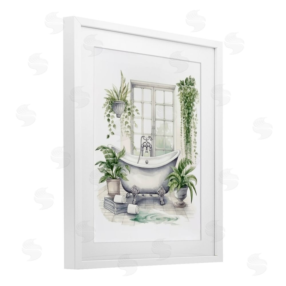 Lettered and Lined Lush Greenery Bathtub & Window White Framed Print Under Glass Wall Art