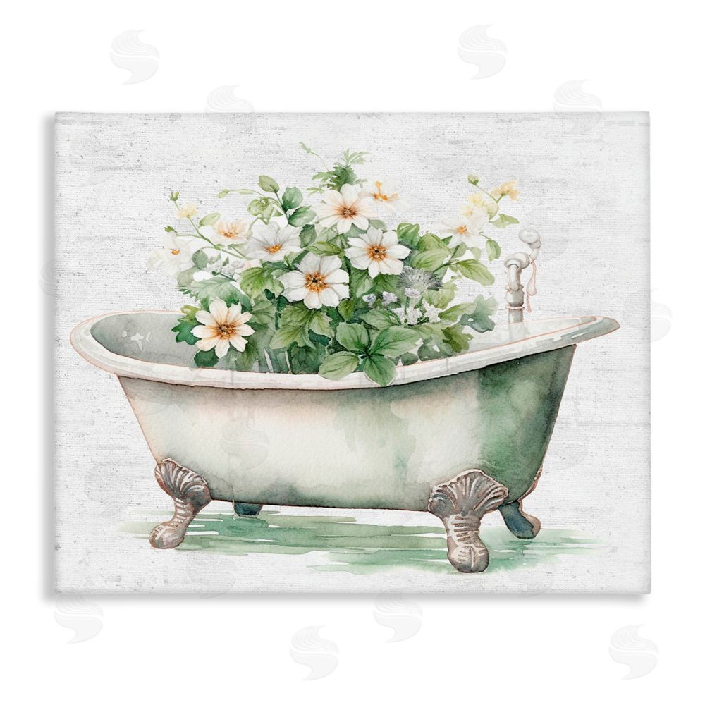 Lettered and Lined Boho Tub with Daisies Stretched Canvas Wall Art Print