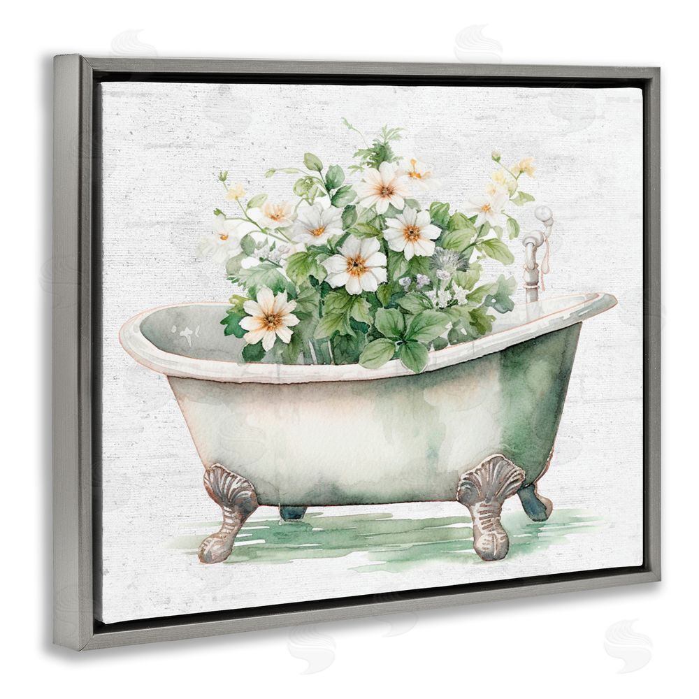 Lettered and Lined Boho Tub with Daisies Gray Floating Frame Canvas Wall Art Print