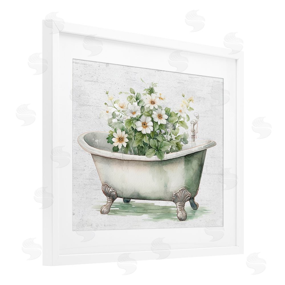 Lettered and Lined Boho Tub with Daisies White Framed Print Under Glass Wall Art