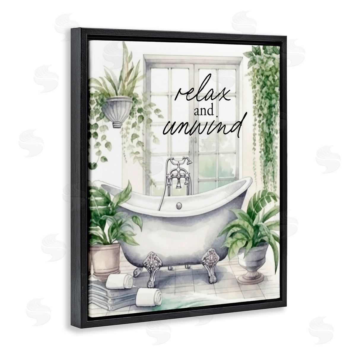 Lettered and Lined Relax Unwind Bath & Foliage Black Floating Frame Canvas Wall Art Print