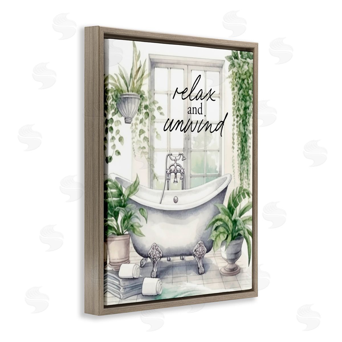 Lettered and Lined Relax Unwind Bath & Foliage Brown Floating Frame Canvas Wall Art Print