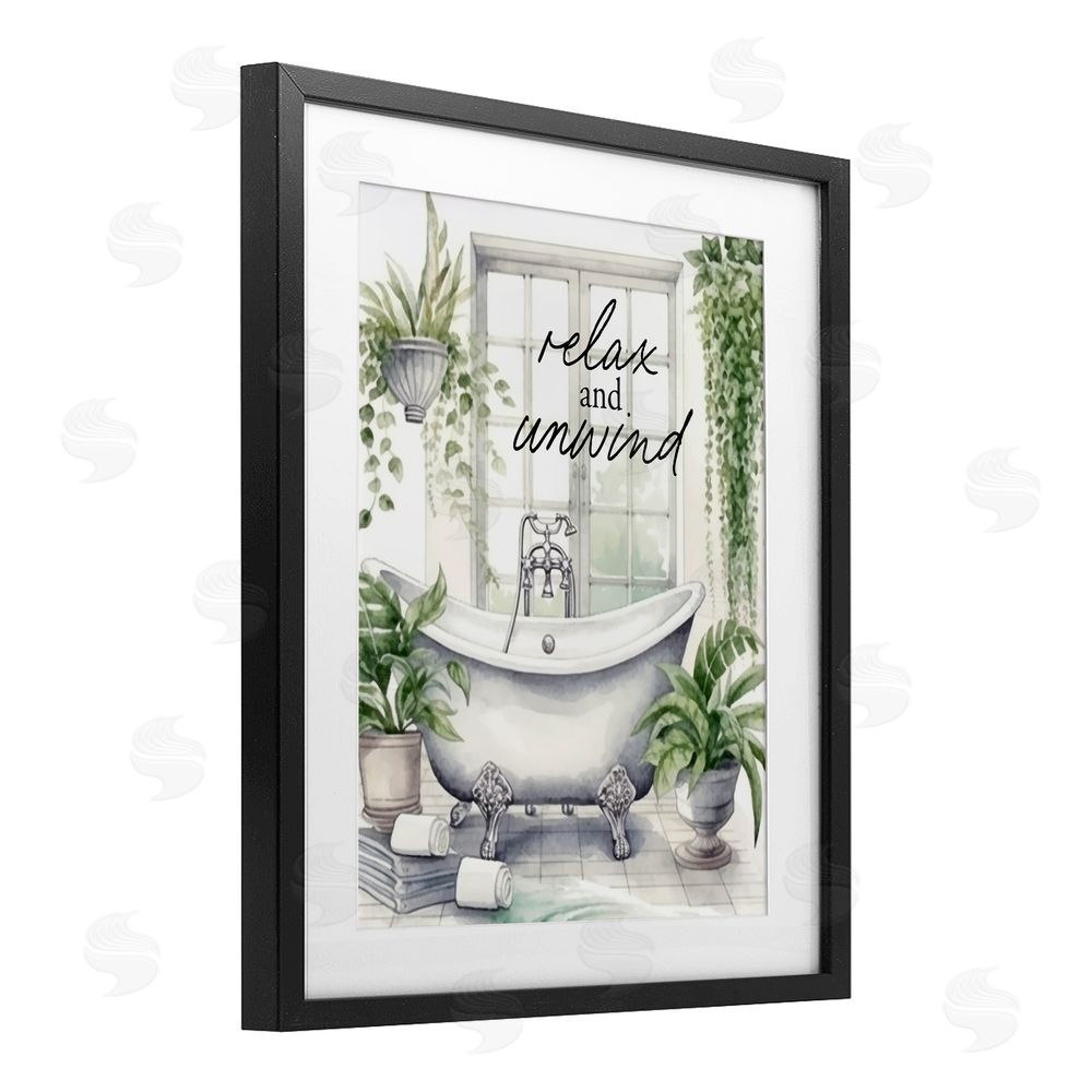 Lettered and Lined Relax Unwind Bath & Foliage Black Framed Print Under Glass Wall Art