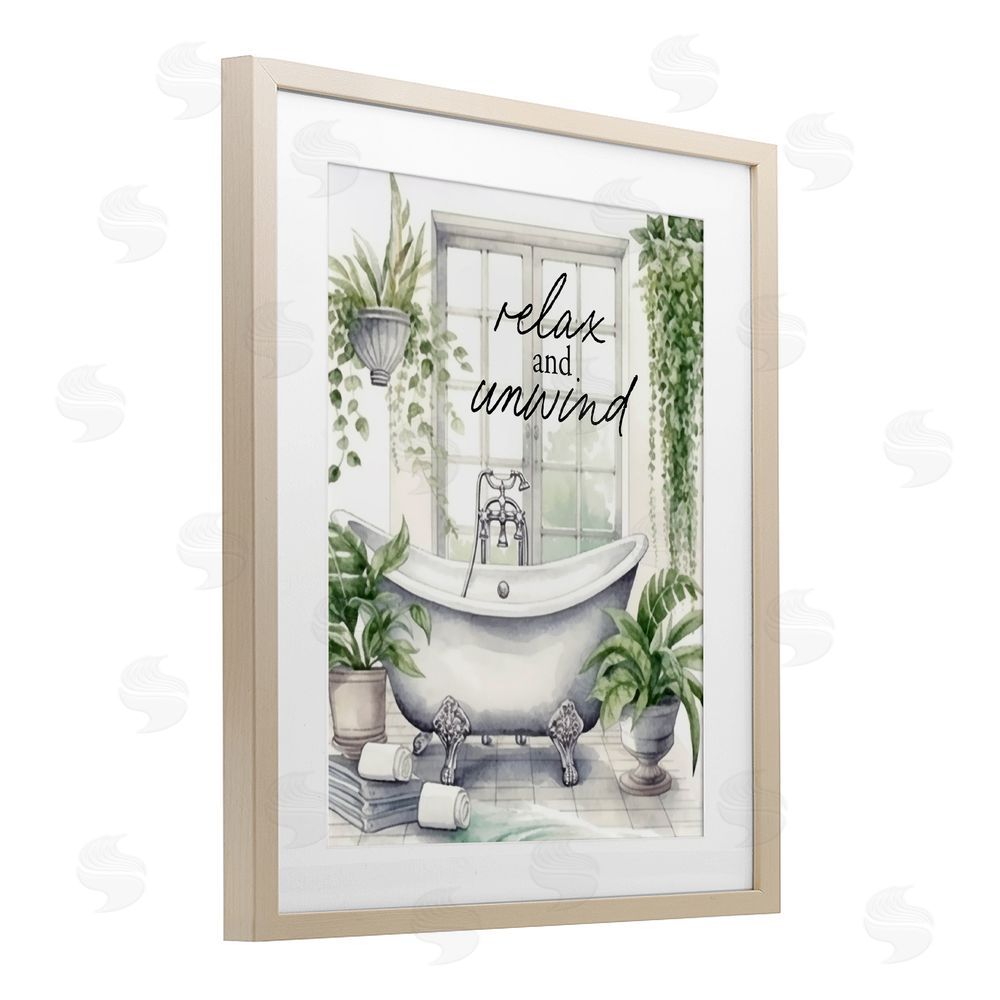 Lettered and Lined Relax Unwind Bath & Foliage Brown Framed Print Under Glass Wall Art