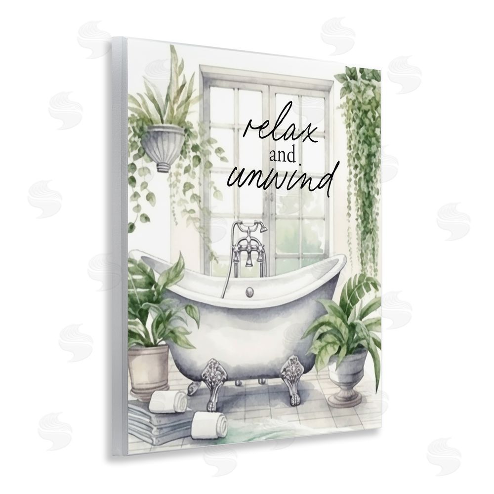 Lettered and Lined Relax Unwind Bath & Foliage Wooden Wall Plaque Art Print