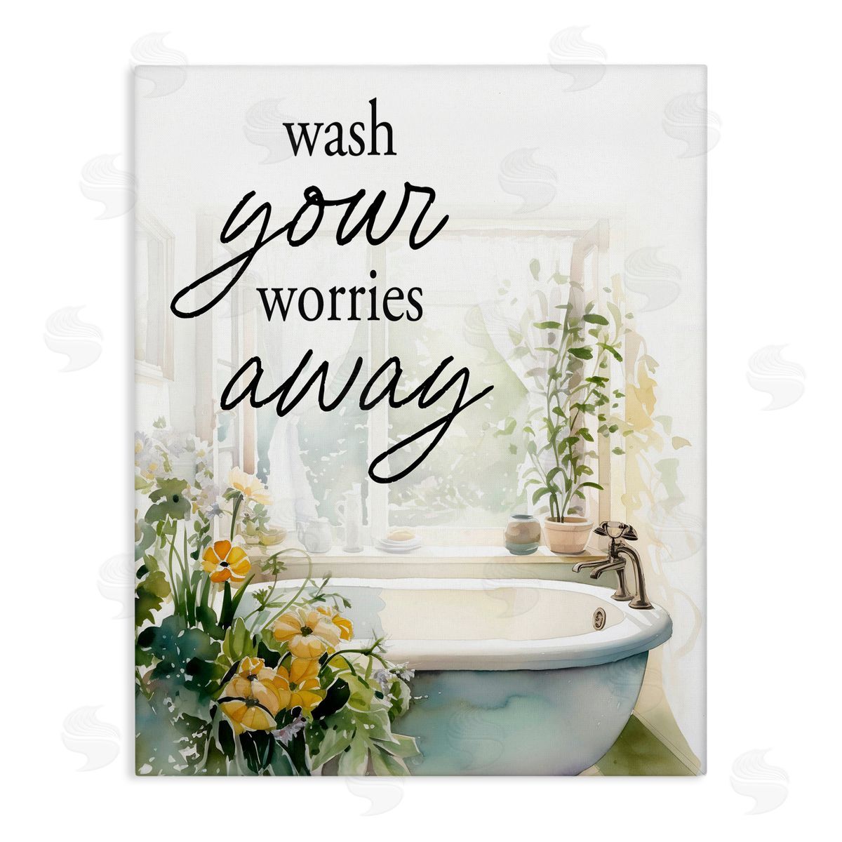 Lettered and Lined Wash Worries Away Sunlit Bath Stretched Canvas Wall Art Print