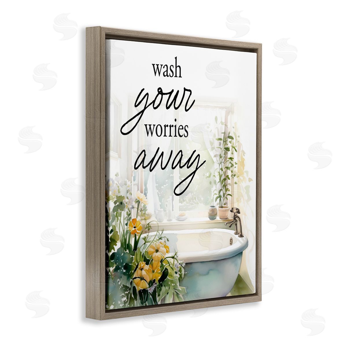 Lettered and Lined Wash Worries Away Sunlit Bath Brown Floating Frame Canvas Wall Art Print