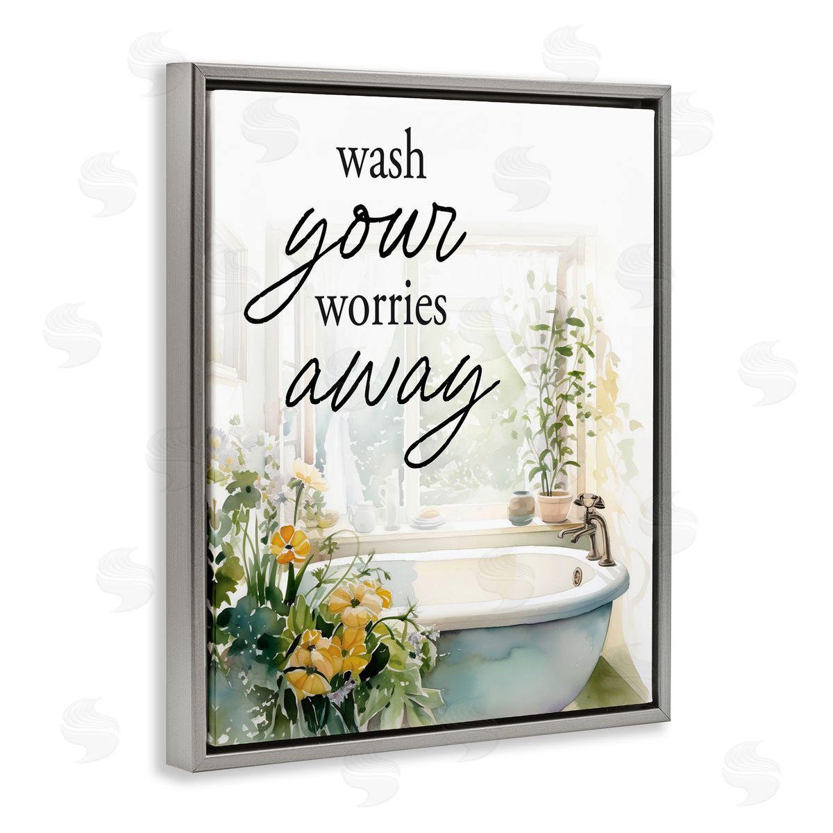 Lettered and Lined Wash Worries Away Sunlit Bath Gray Floating Frame Canvas Wall Art Print