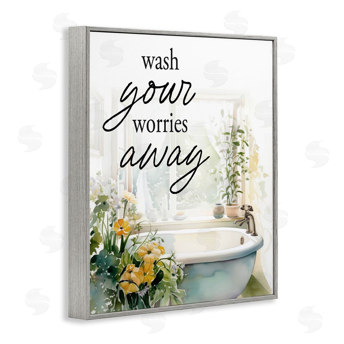 Lettered and Lined Wash Worries Away Sunlit Bath Gray Framed Giclee Print Wall Art