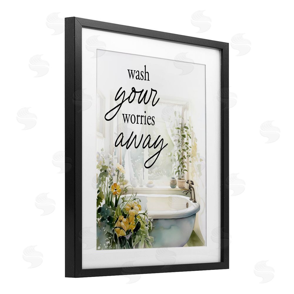 Lettered and Lined Wash Worries Away Sunlit Bath Black Framed Print Under Glass Wall Art