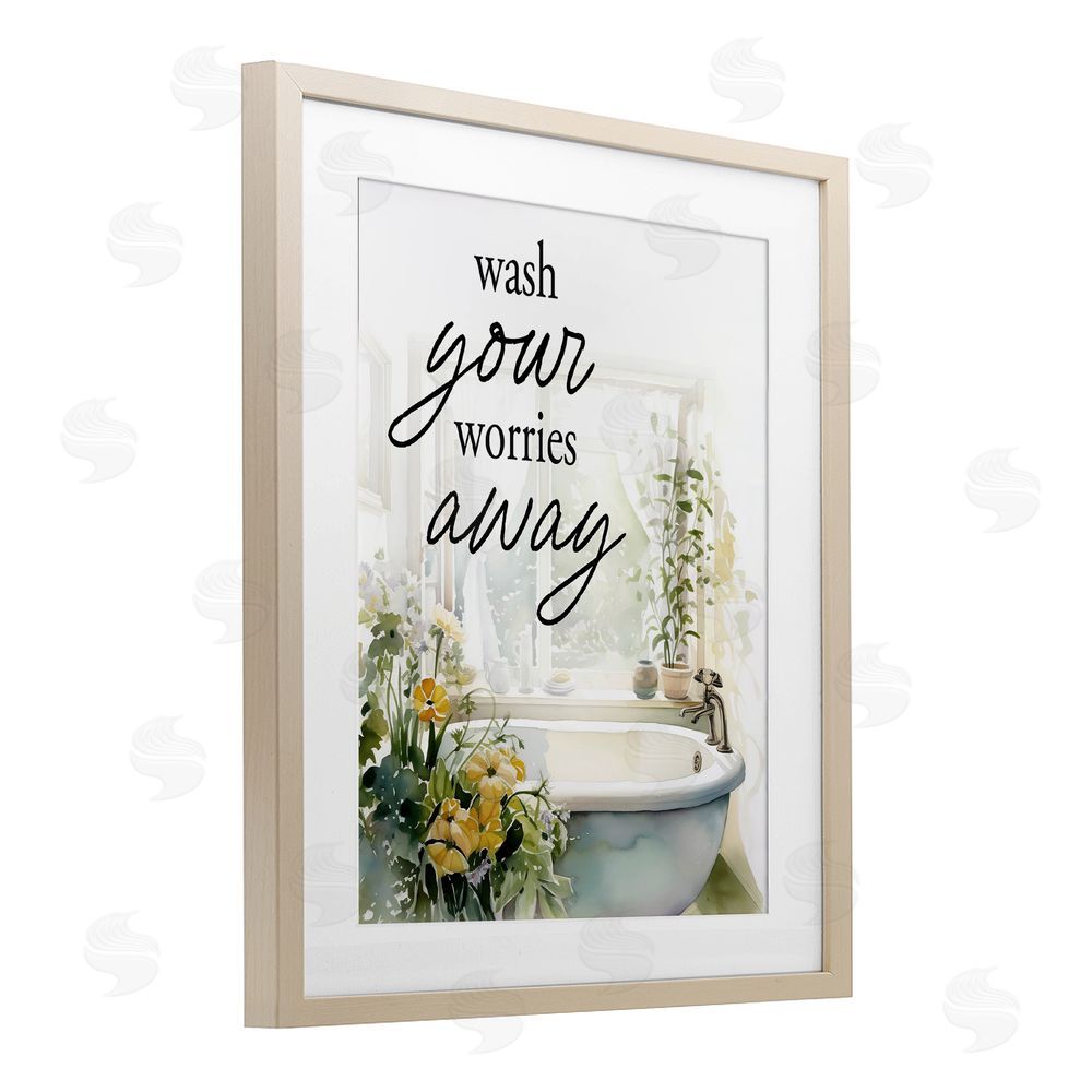 Lettered and Lined Wash Worries Away Sunlit Bath Brown Framed Print Under Glass Wall Art