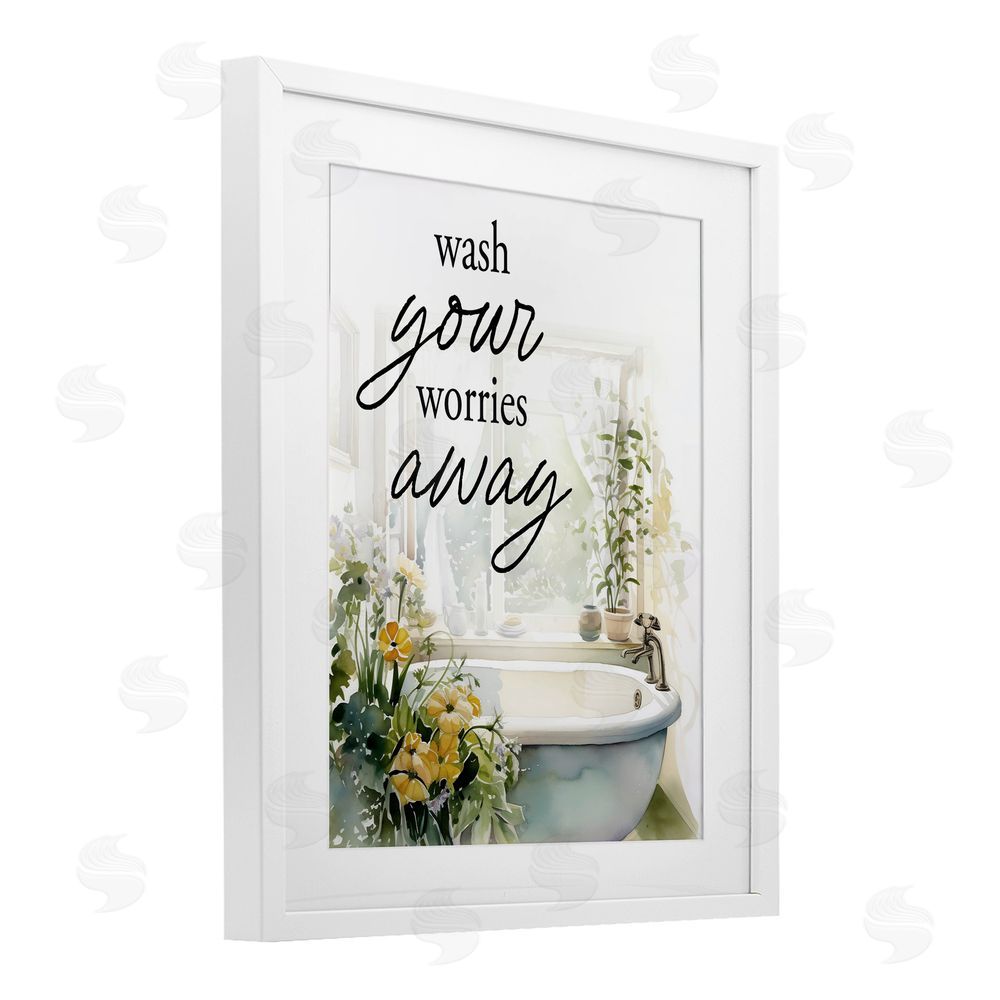 Lettered and Lined Wash Worries Away Sunlit Bath White Framed Print Under Glass Wall Art