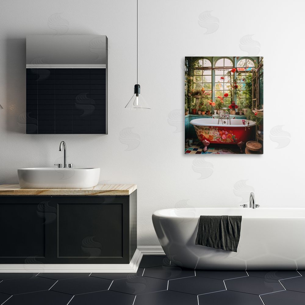 Lettered and Lined Floral Sunroom Tub Stretched Canvas Wall Art Print in Room