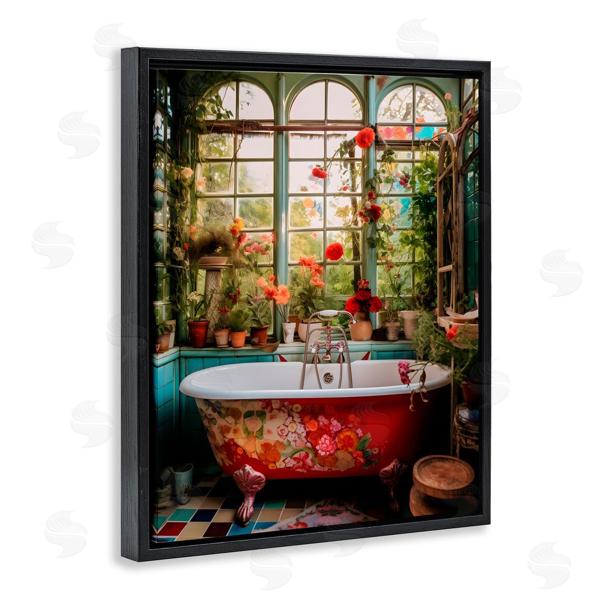 Lettered and Lined Floral Sunroom Tub Black Floating Frame Canvas Wall Art Print