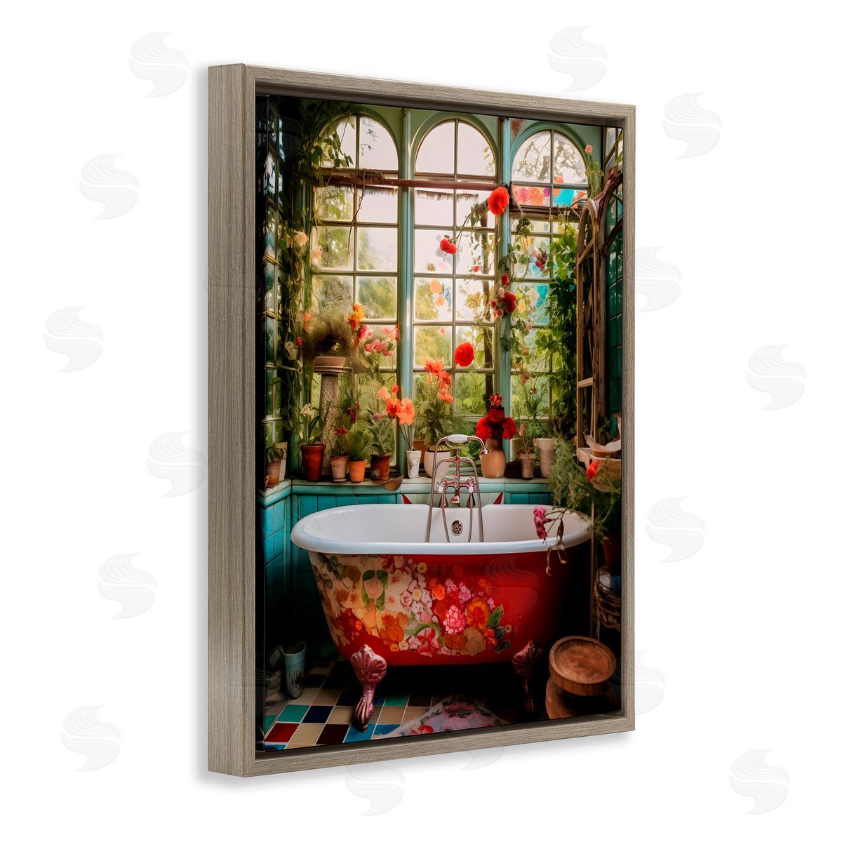 Lettered and Lined Floral Sunroom Tub Brown Floating Frame Canvas Wall Art Print