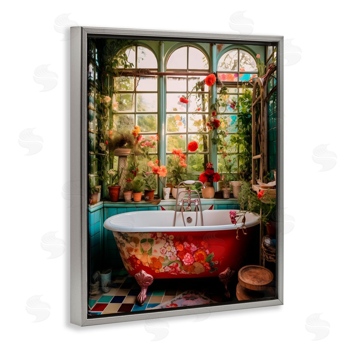 Lettered and Lined Floral Sunroom Tub Gray Floating Frame Canvas Wall Art Print
