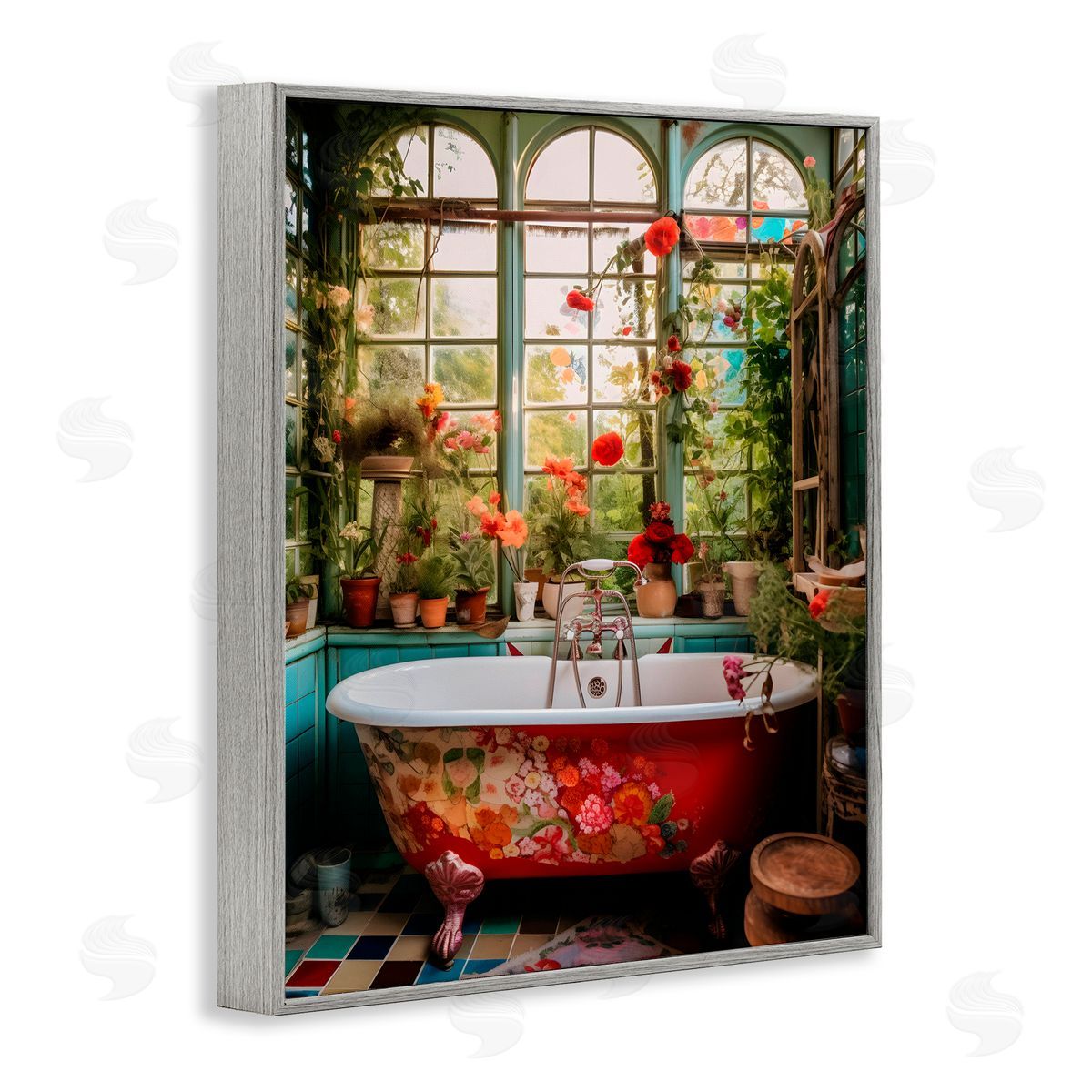 Lettered and Lined Floral Sunroom Tub Gray Framed Giclee Print Wall Art
