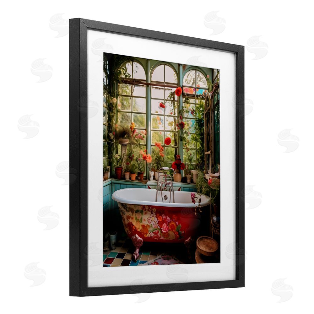 Lettered and Lined Floral Sunroom Tub Black Framed Print Under Glass Wall Art