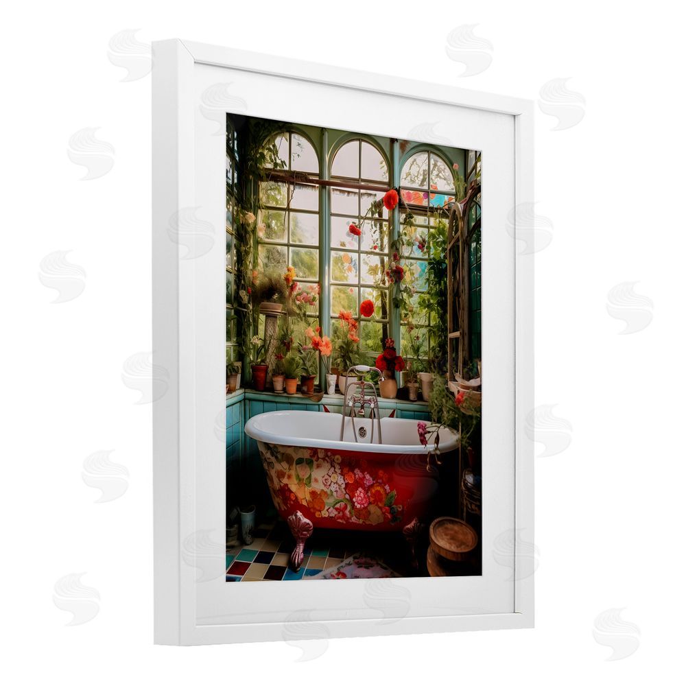 Lettered and Lined Floral Sunroom Tub White Framed Print Under Glass Wall Art