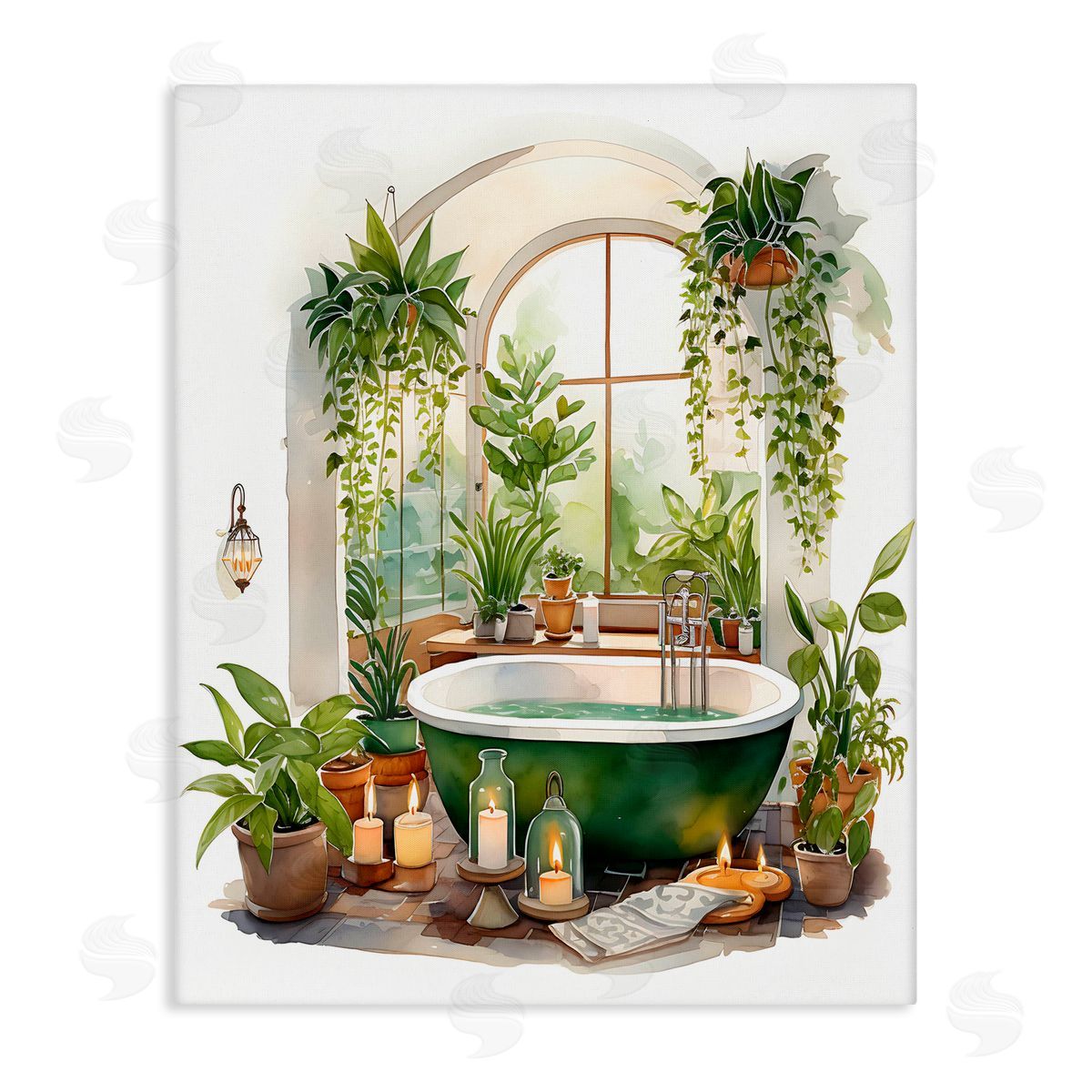 Lettered and Lined Tranquil Tub with Candles & Greenery Stretched Canvas Wall Art Print