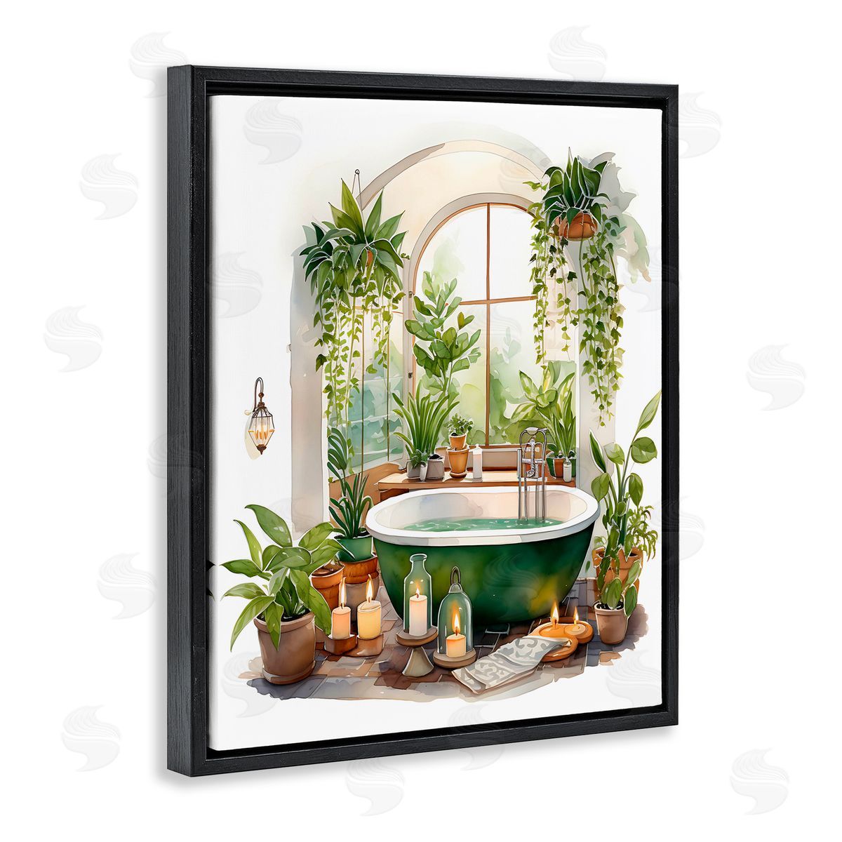 Lettered and Lined Tranquil Tub with Candles & Greenery Black Floating Frame Canvas Wall Art Print