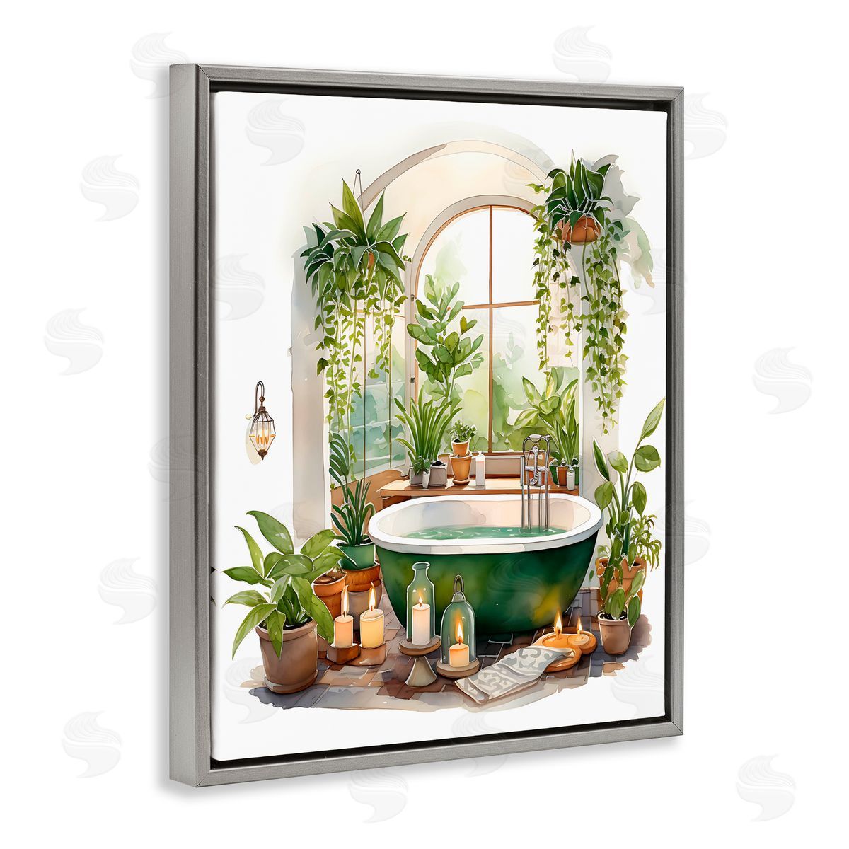 Lettered and Lined Tranquil Tub with Candles & Greenery Gray Floating Frame Canvas Wall Art Print