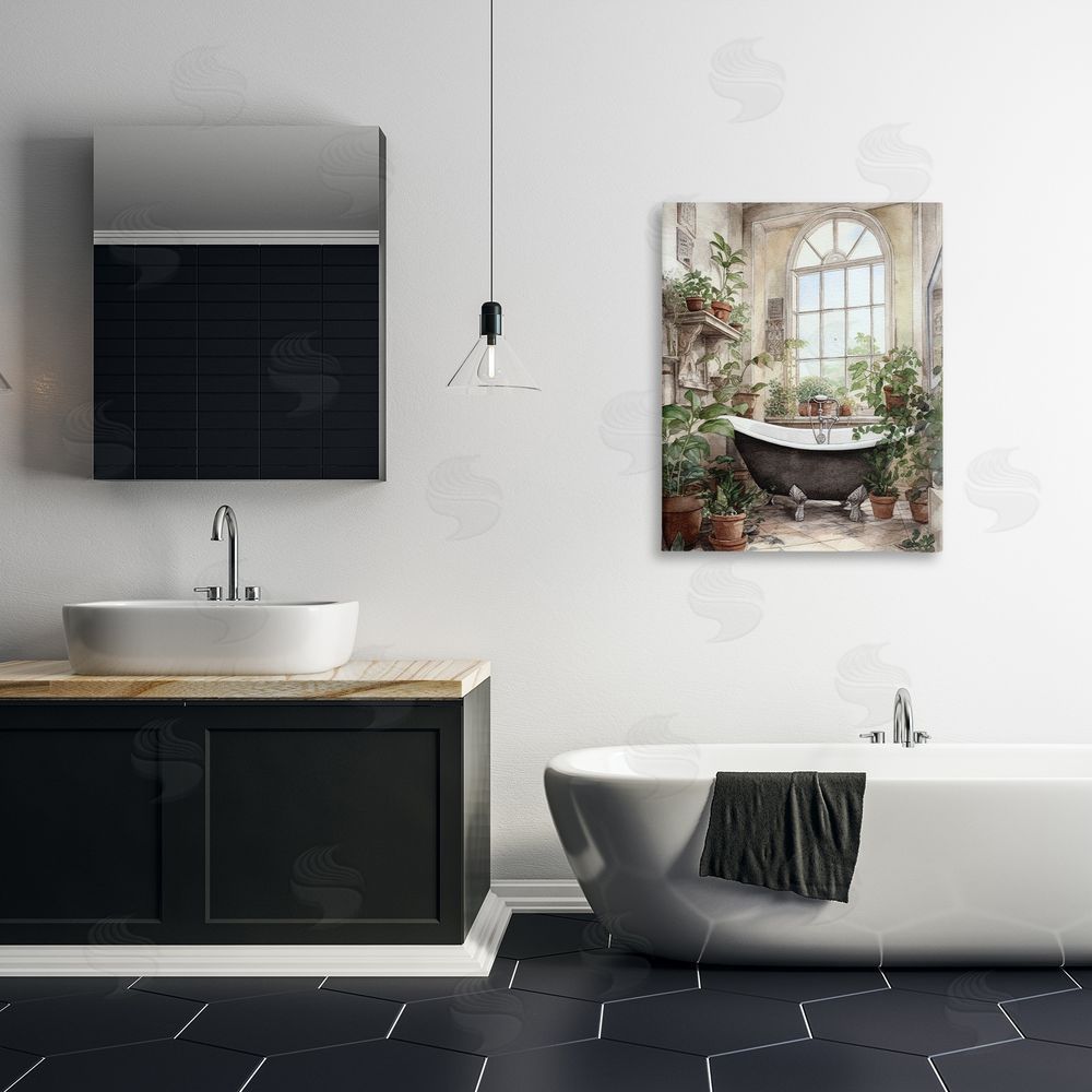 Lettered and Lined Vintage Sun Lit Bathtub Stretched Canvas Wall Art Print in Room