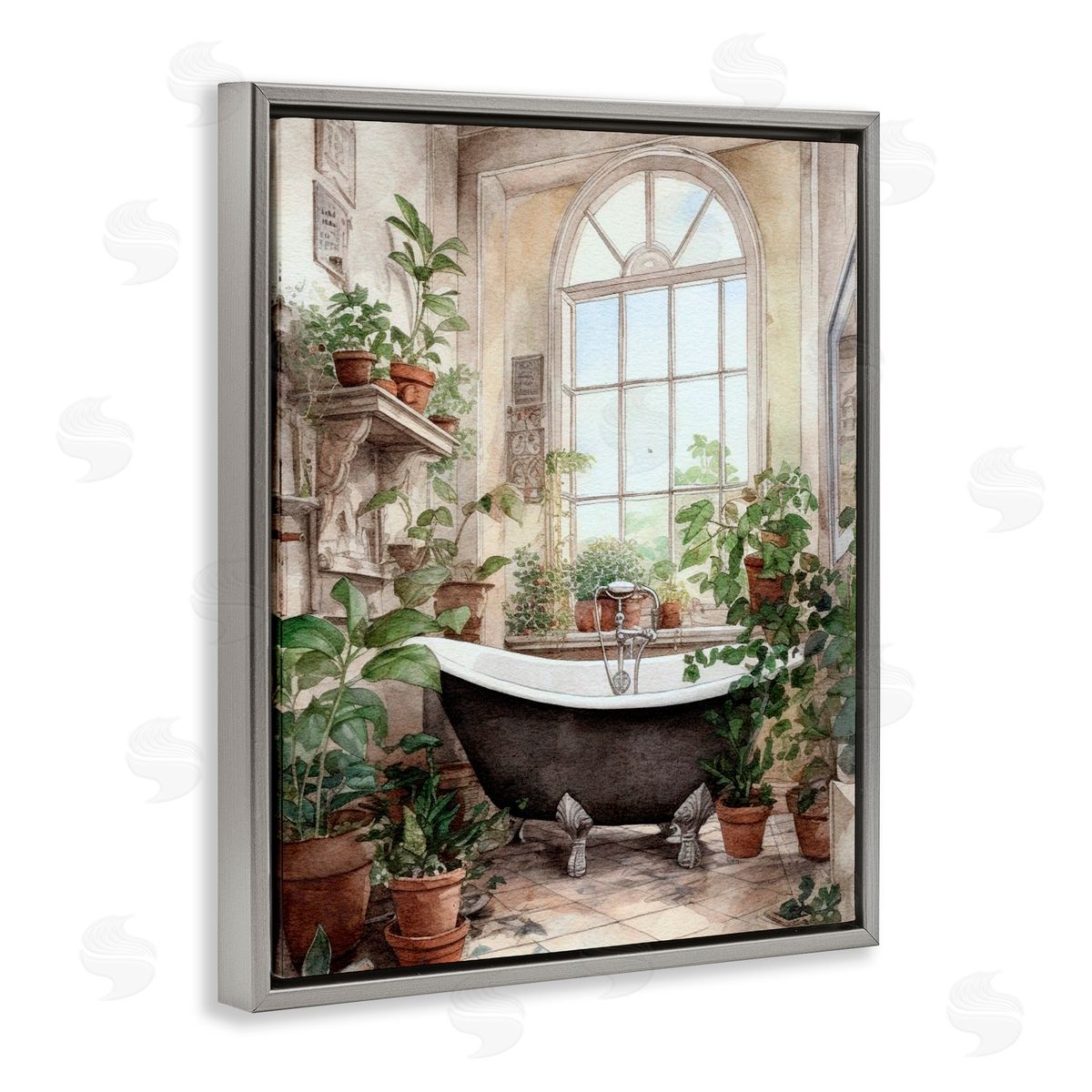 Lettered and Lined Vintage Sun Lit Bathtub Gray Floating Frame Canvas Wall Art Print