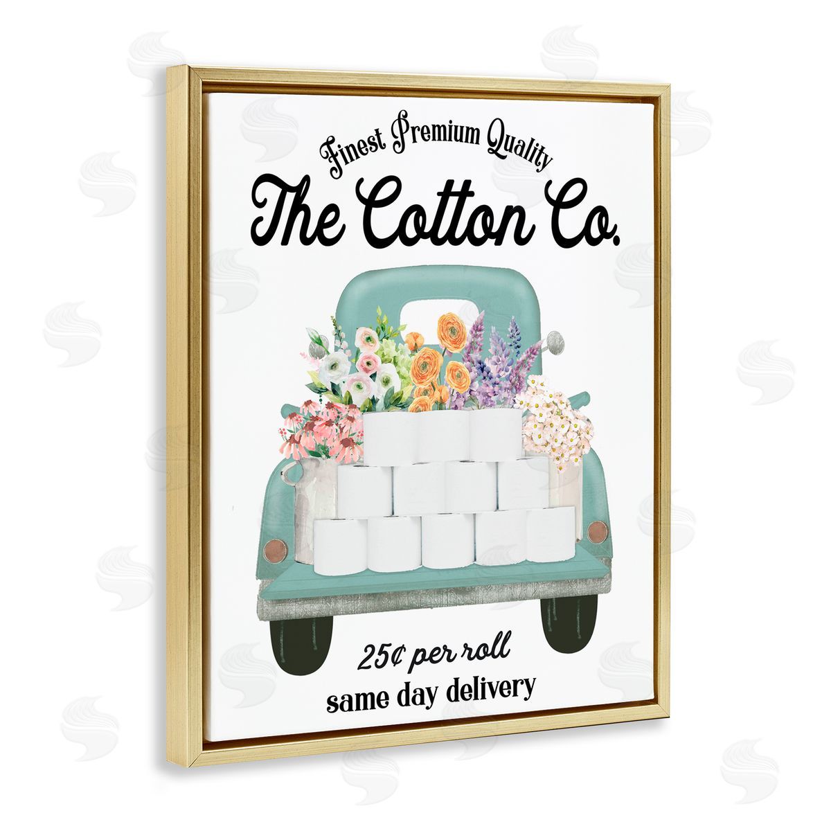 Lettered and Lined Toilet Paper Delivery Truck Gold Floating Frame Canvas Wall Art Print