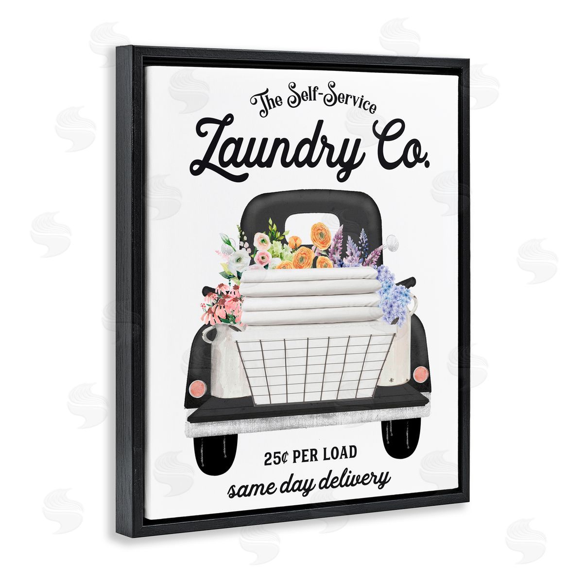 Lettered and Lined Laundry Service Truck Black Floating Frame Canvas Wall Art Print