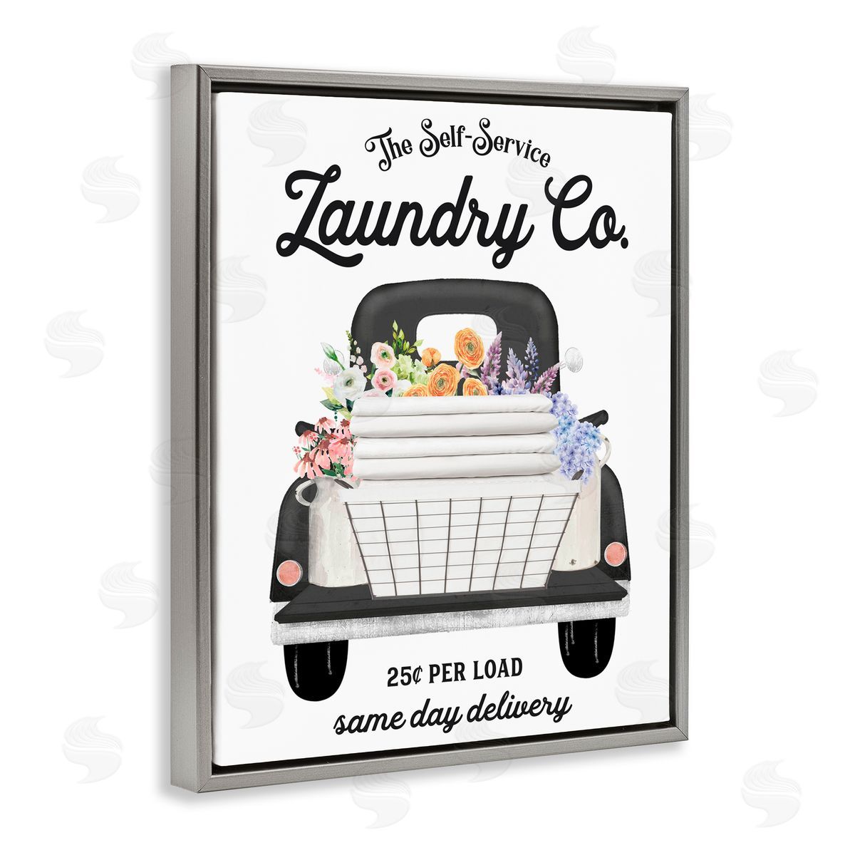 Lettered and Lined Laundry Service Truck Gray Floating Frame Canvas Wall Art Print